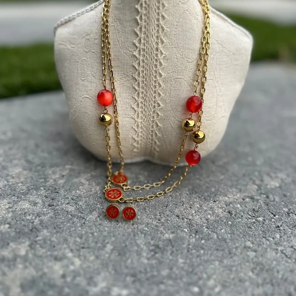 Tory Burch Rosary Station Red Enamel Necklace and Earrings